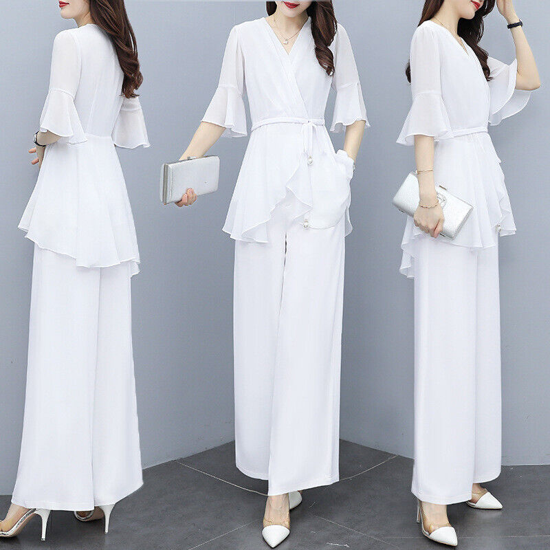 Womens Chiffon Suits 2pcs V Neck Short Flare Sleeves Shirt Loose Wide Legs Pants