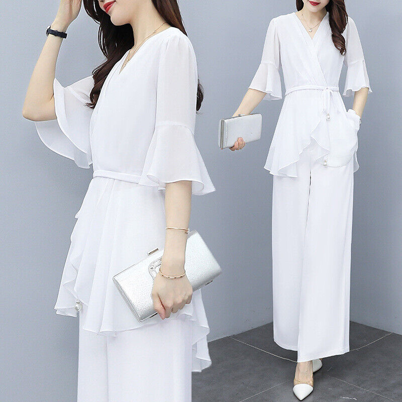 Womens Chiffon Suits 2pcs V Neck Short Flare Sleeves Shirt Loose Wide Legs Pants