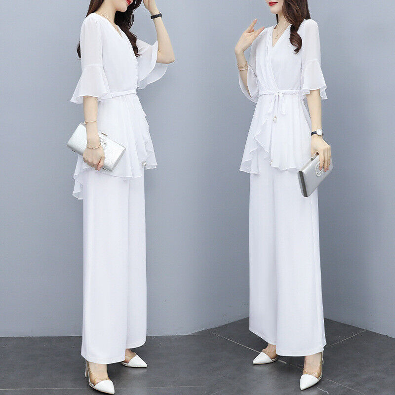 Womens Chiffon Suits 2pcs V Neck Short Flare Sleeves Shirt Loose Wide Legs Pants