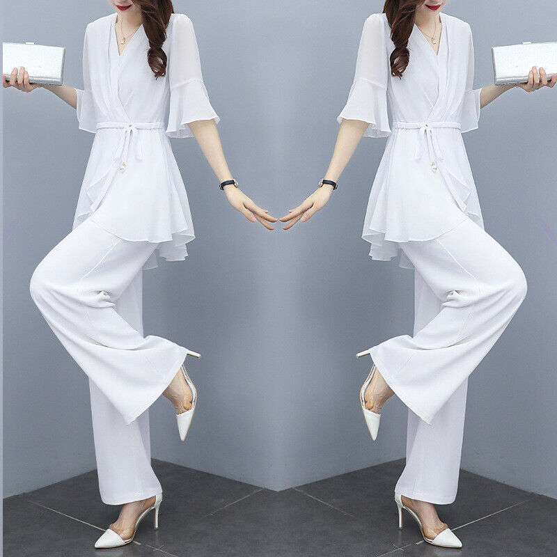 Womens Chiffon Suits 2pcs V Neck Short Flare Sleeves Shirt Loose Wide Legs Pants