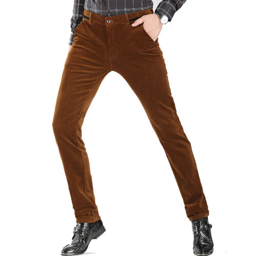 Men Corduroy Pants Trousers Slim Fit Casual Stretch Classic Black Brown New - Picture 18 of 21