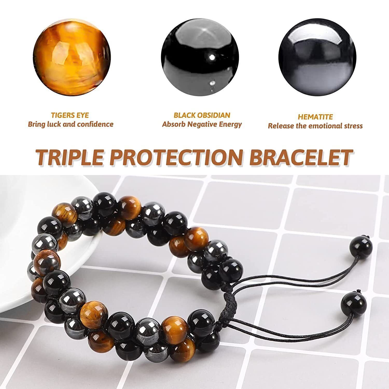 8/10mm Double Row Triple Stone Beads Protection Healing Energy Bracelet Necklace