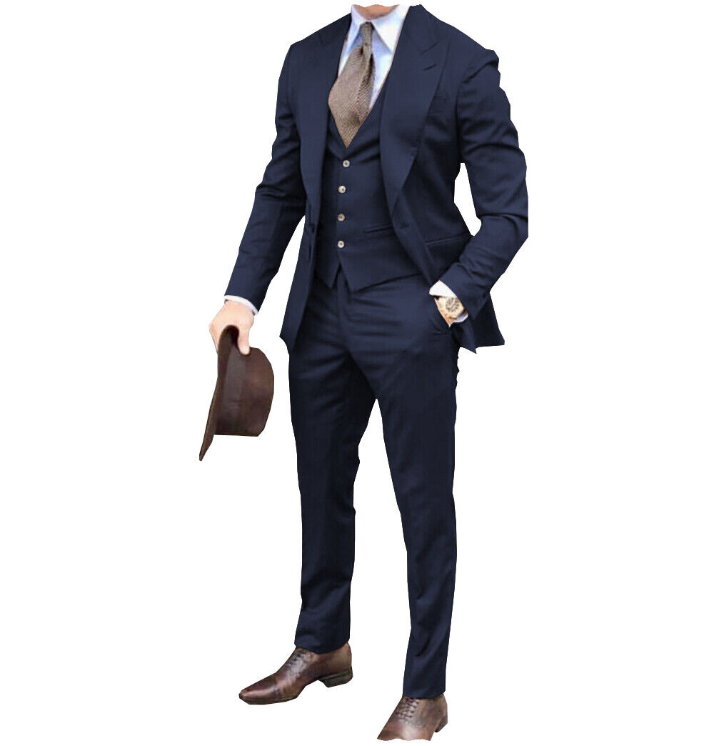 3 Pieces Men's Suits Flat Slim Fit Lapel Tuxedo Formal Prom Blazer+Vest+Pants - Picture 15 of 27