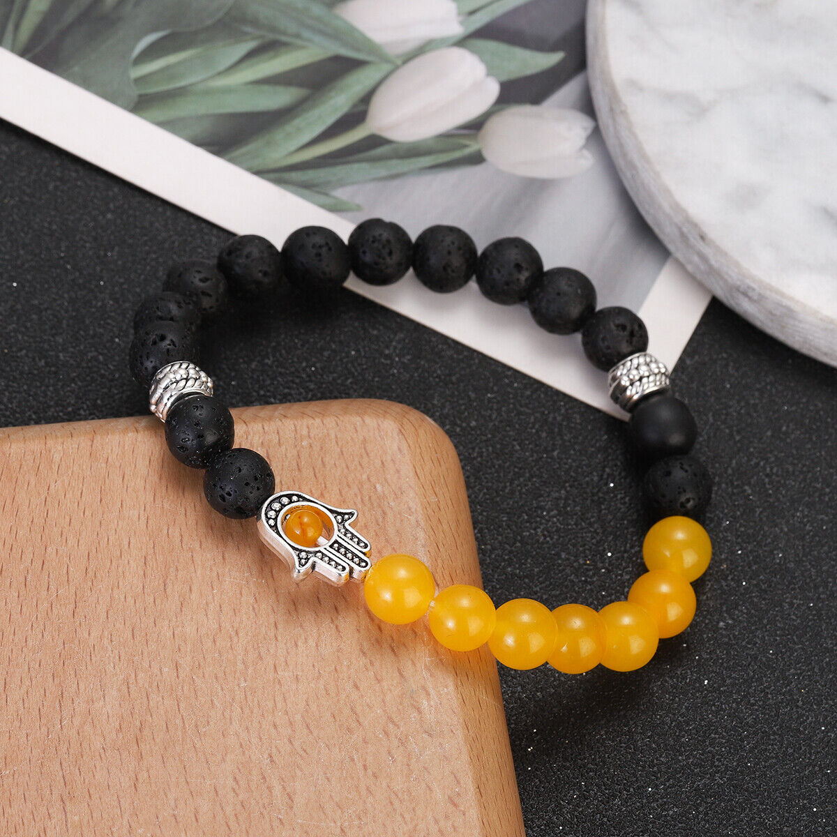 Plam Bracelets Natural Lava Tiger Eye Stone Beaded Stretchy Bracelet Men Women