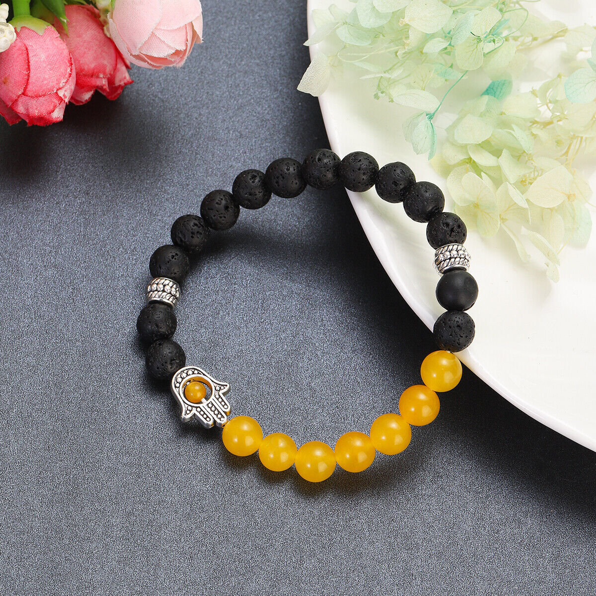 Plam Bracelets Natural Lava Tiger Eye Stone Beaded Stretchy Bracelet Men Women