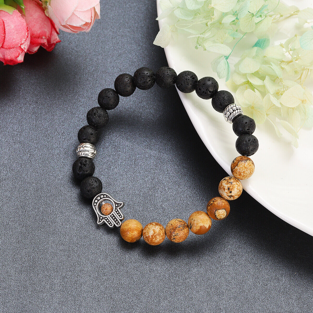 Plam Bracelets Natural Lava Tiger Eye Stone Beaded Stretchy Bracelet Men Women