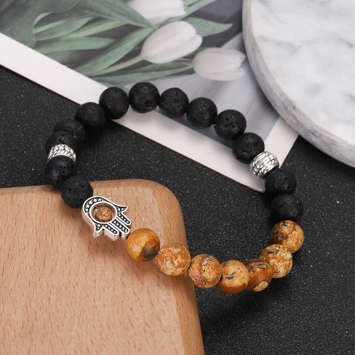 Plam Bracelets Natural Lava Tiger Eye Stone Beaded Stretchy Bracelet Men Women