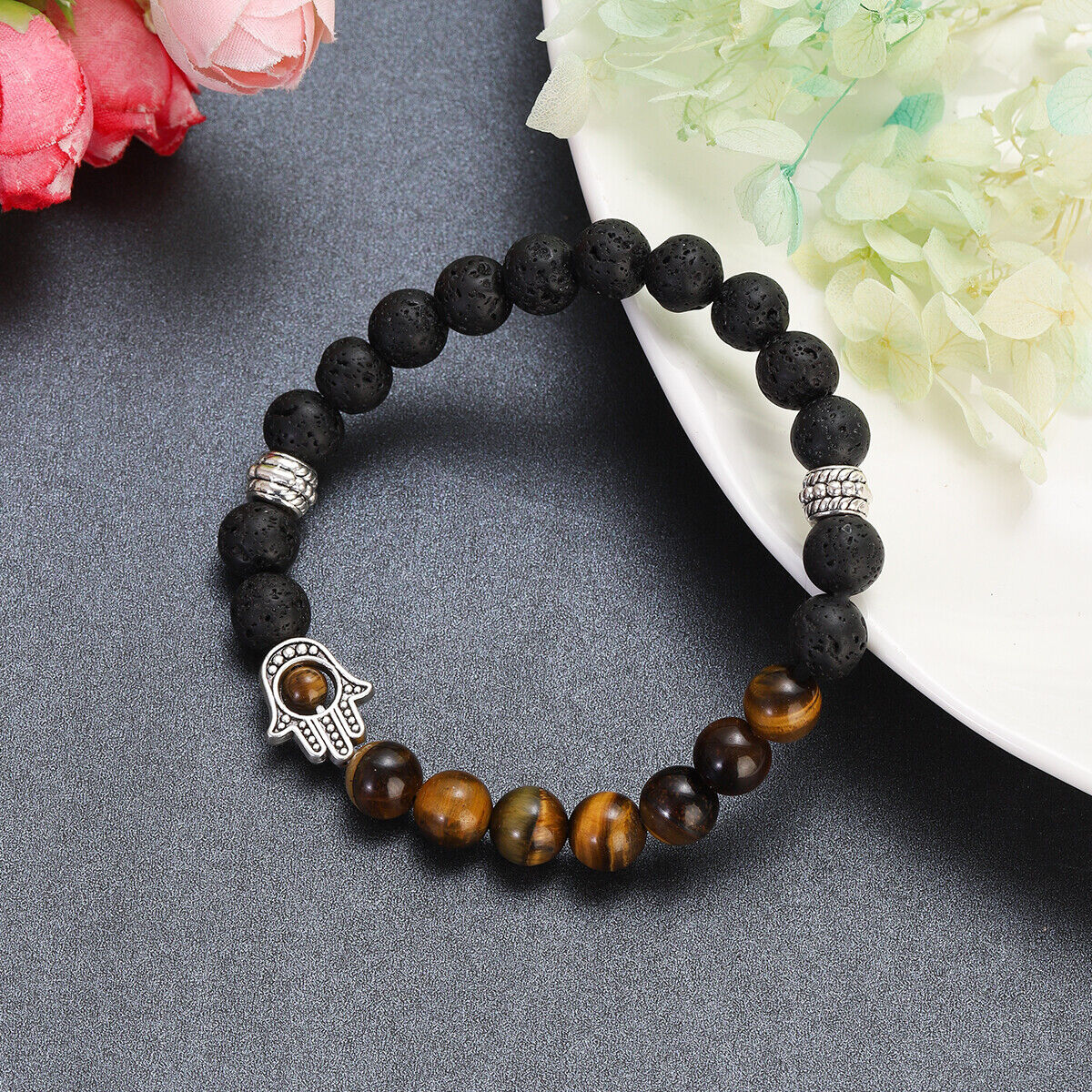 Plam Bracelets Natural Lava Tiger Eye Stone Beaded Stretchy Bracelet Men Women