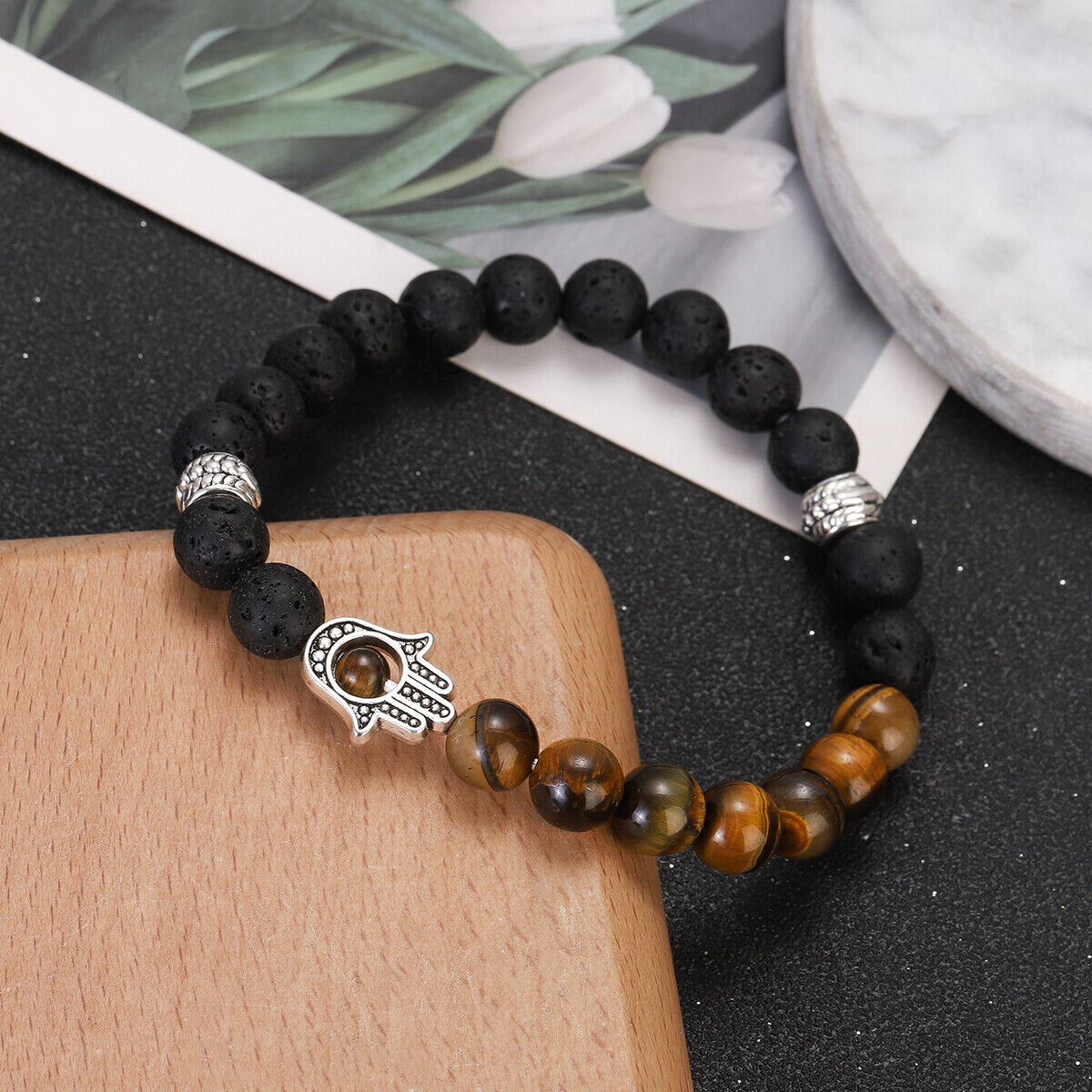 Plam Bracelets Natural Lava Tiger Eye Stone Beaded Stretchy Bracelet Men Women