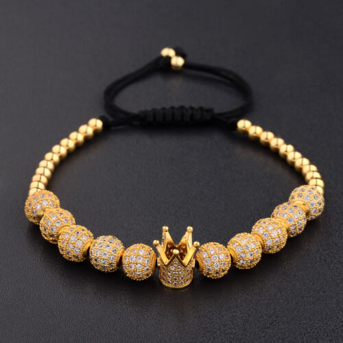 Luxus Herren Micro Pave CZ Krone Disco Ball Streifen geflochten Makramee Armband Armreif - Bild 16 von 22