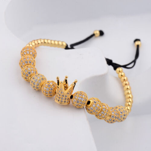 Luxus Herren Micro Pave CZ Krone Disco Ball Streifen geflochten Makramee Armband Armreif - Bild 17 von 22