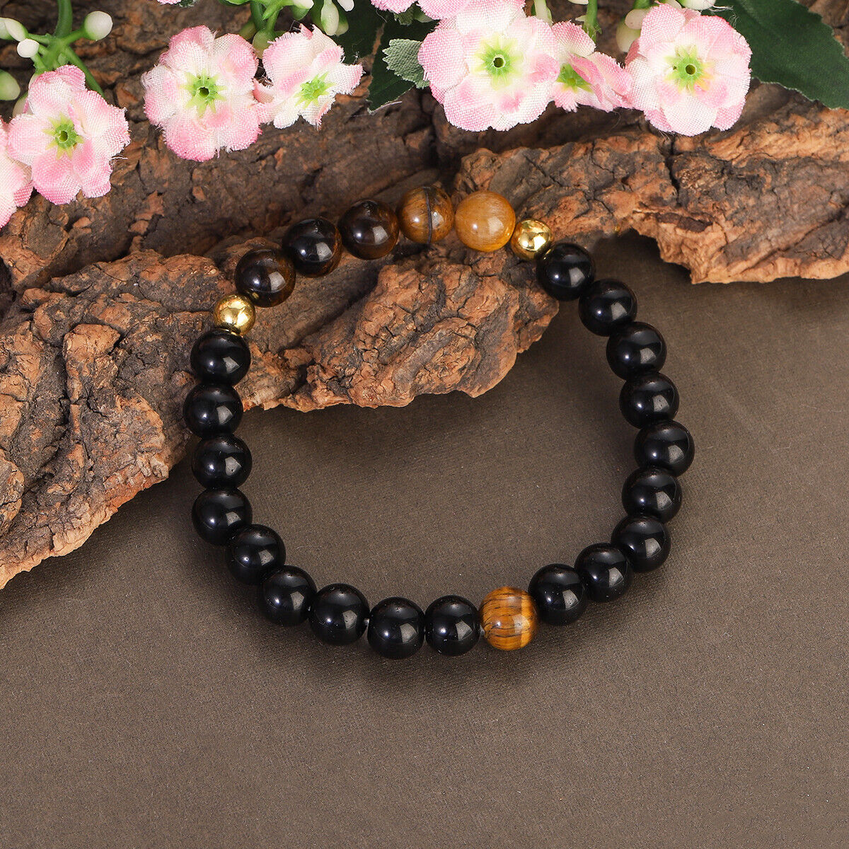 8mm Black Onyx Beaded Bracelet Healing Natural Stone Triple Protection Bracelet