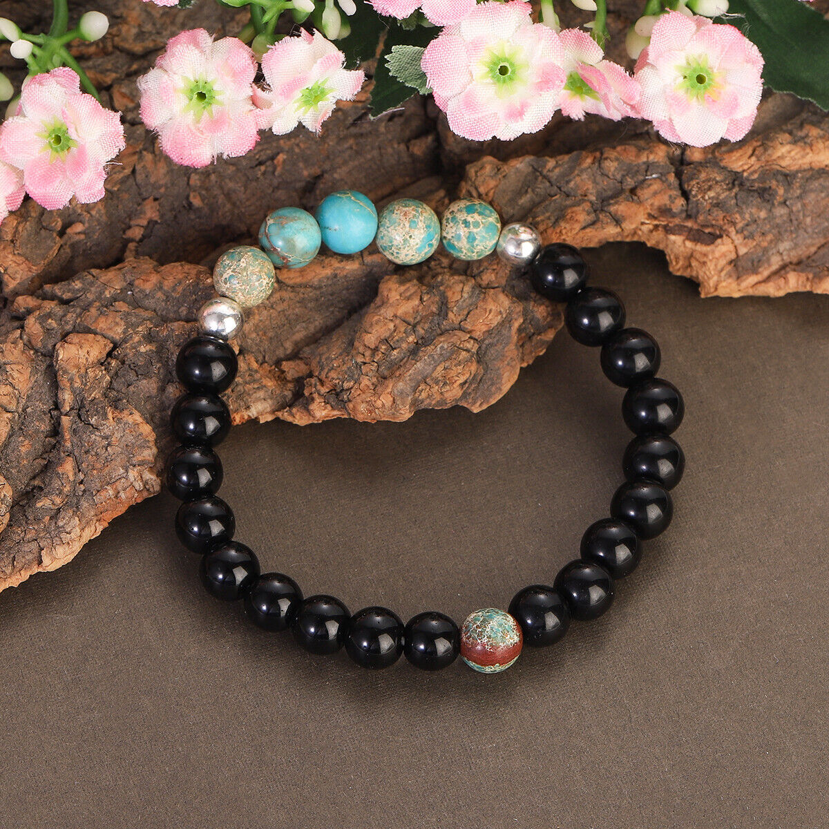 8mm Black Onyx Beaded Bracelet Healing Natural Stone Triple Protection Bracelet