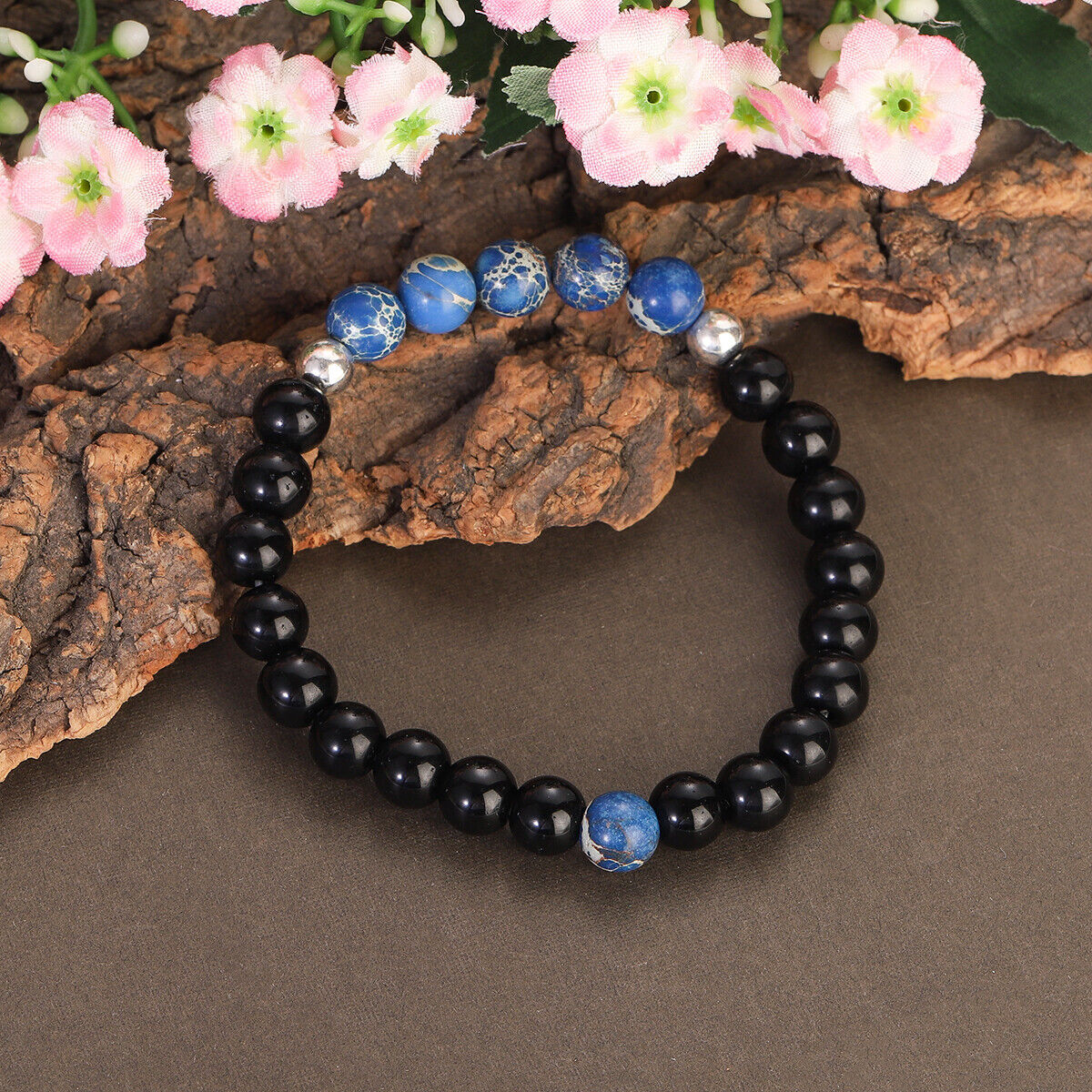 8mm Black Onyx Beaded Bracelet Healing Natural Stone Triple Protection Bracelet