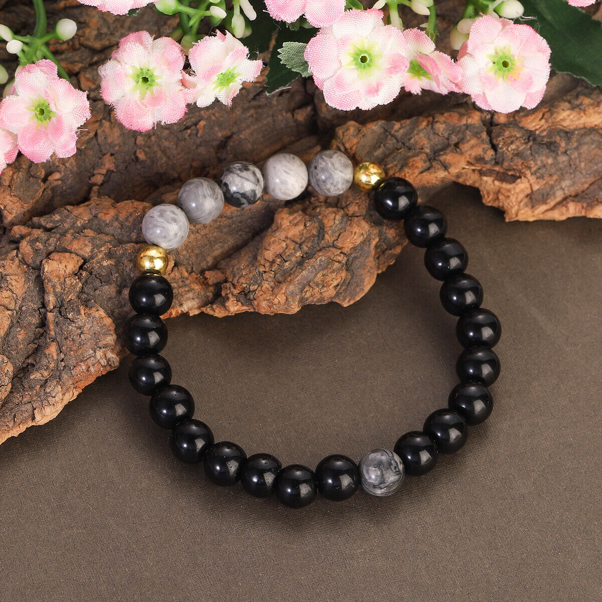 8mm Black Onyx Beaded Bracelet Healing Natural Stone Triple Protection Bracelet