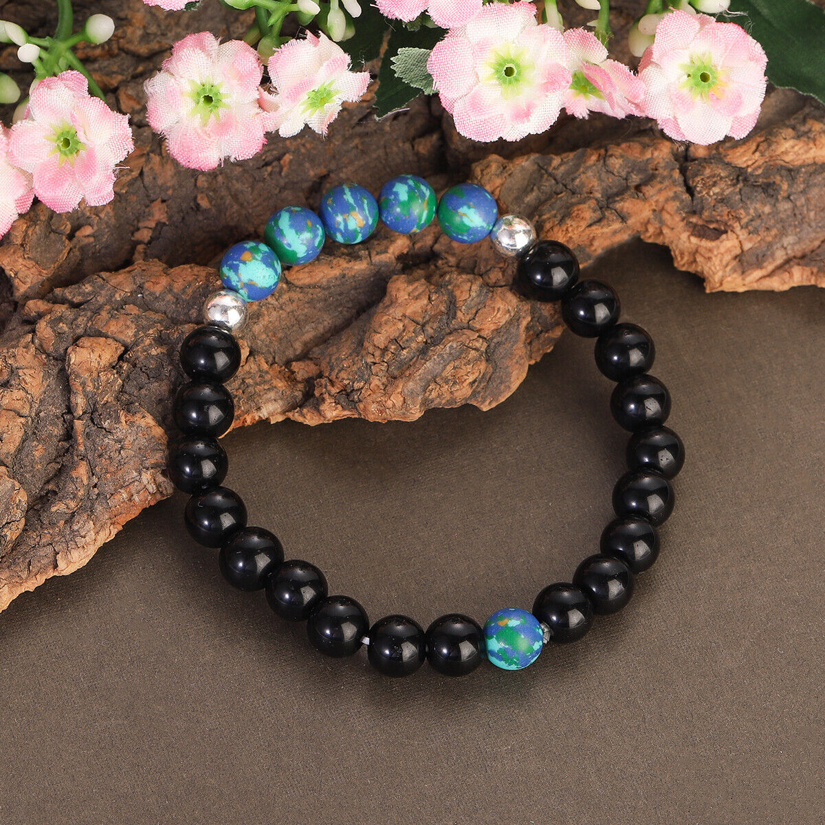 8mm Black Onyx Beaded Bracelet Healing Natural Stone Triple Protection Bracelet