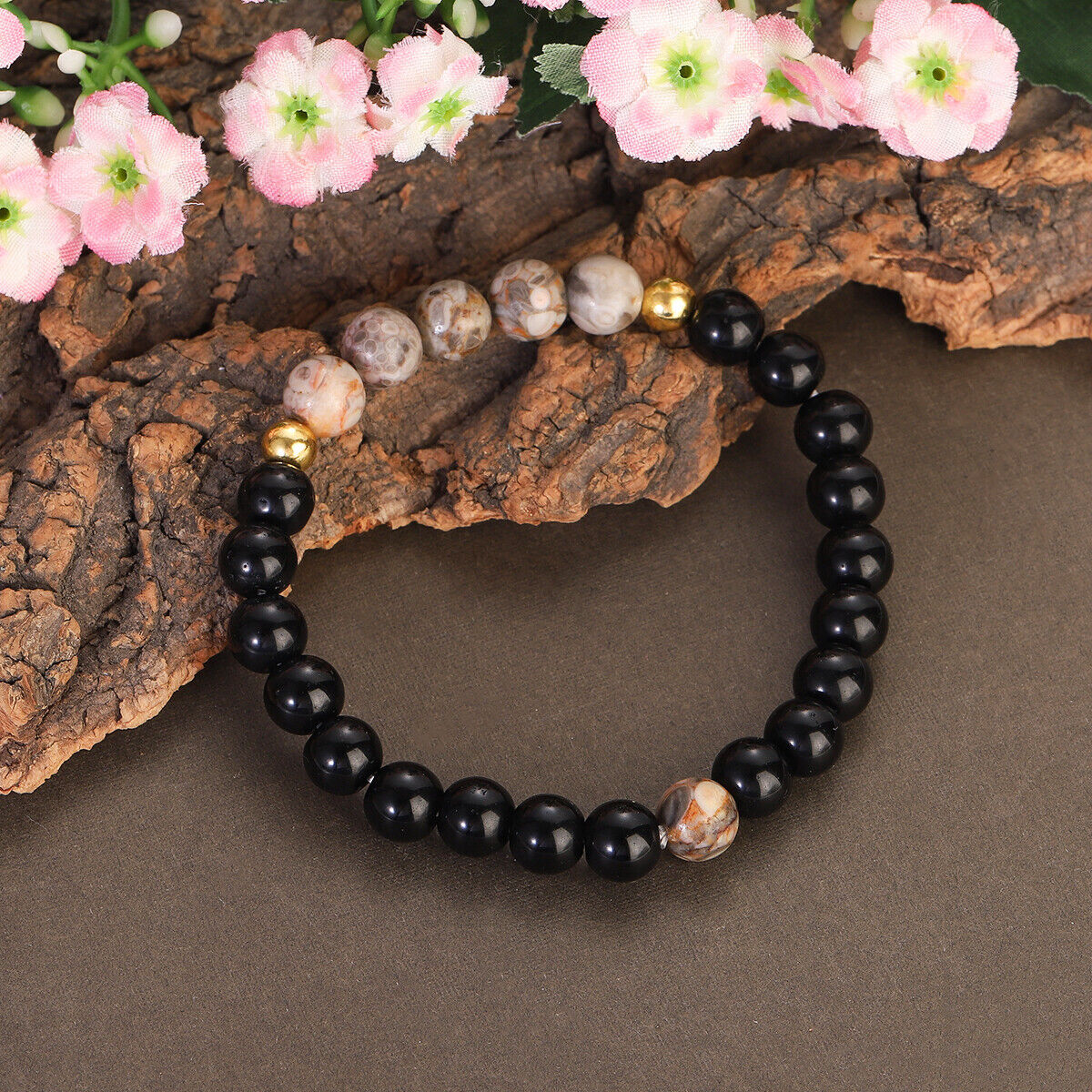 8mm Black Onyx Beaded Bracelet Healing Natural Stone Triple Protection Bracelet