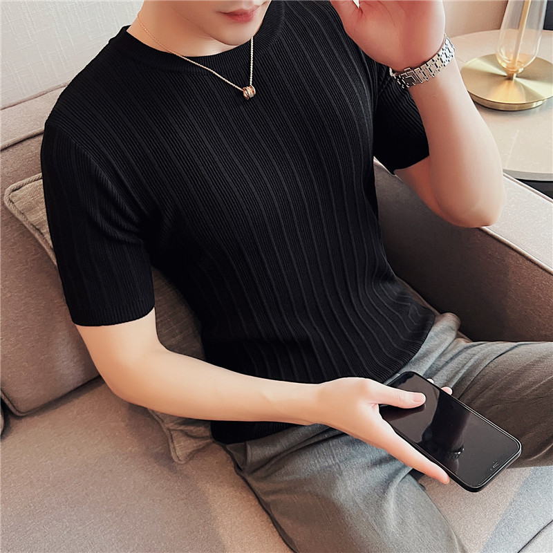 Mens Base Undershirt Crew Neck Short Sleeve Slim Striped Sweater Stretch T-Shirt