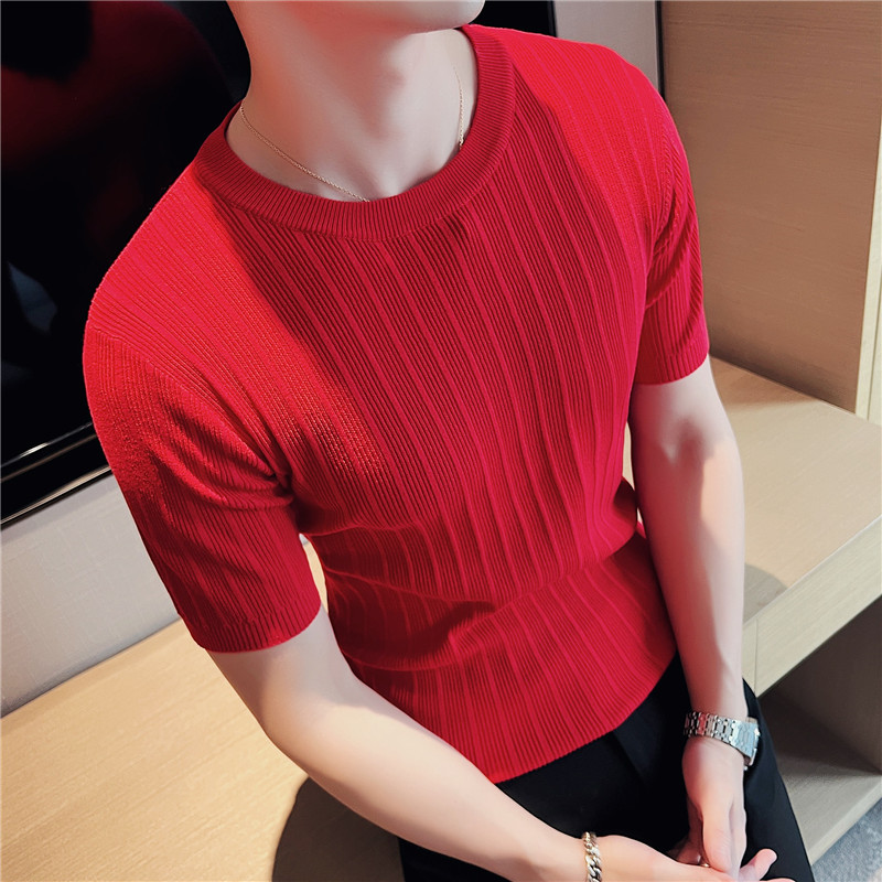 Mens Base Undershirt Crew Neck Short Sleeve Slim Striped Sweater Stretch T-Shirt