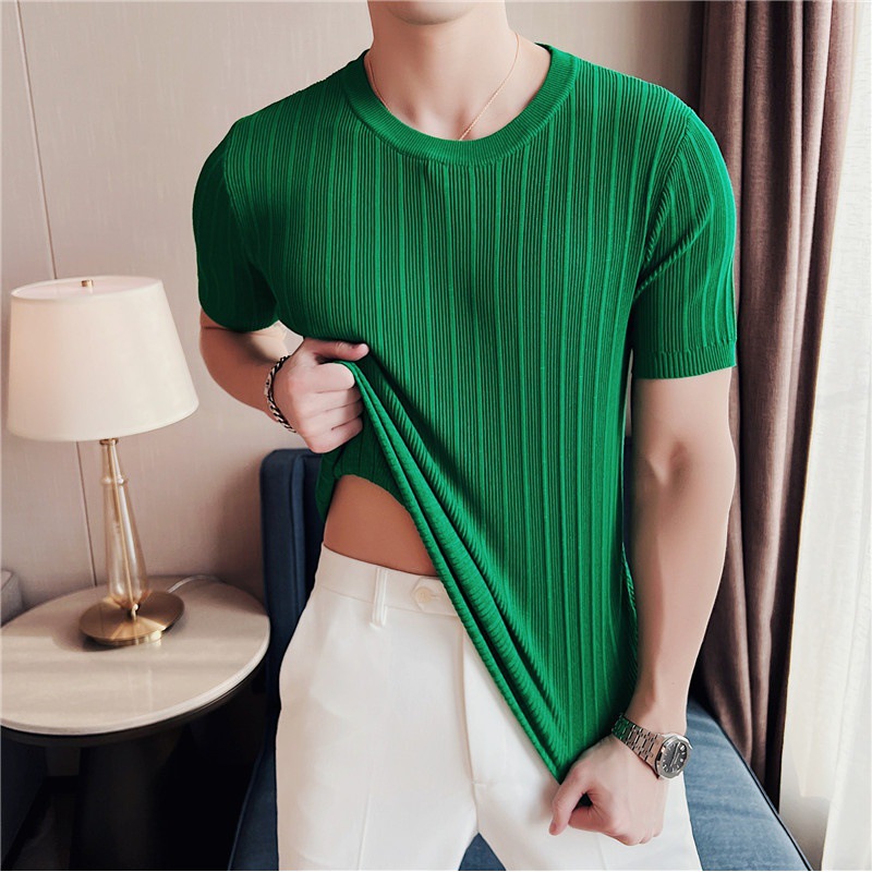 Mens Base Undershirt Crew Neck Short Sleeve Slim Striped Sweater Stretch T-Shirt