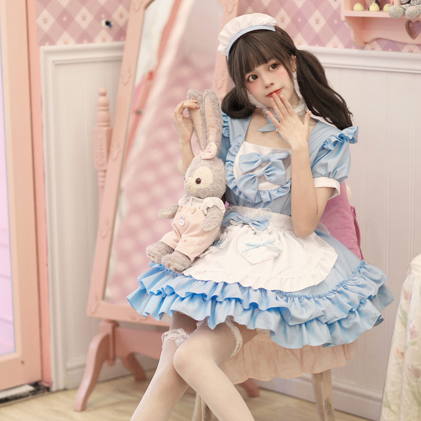 Japanese Anime Lolita Maid Dress Sweet Cute Waitress Cosplay Women Girls  Costume