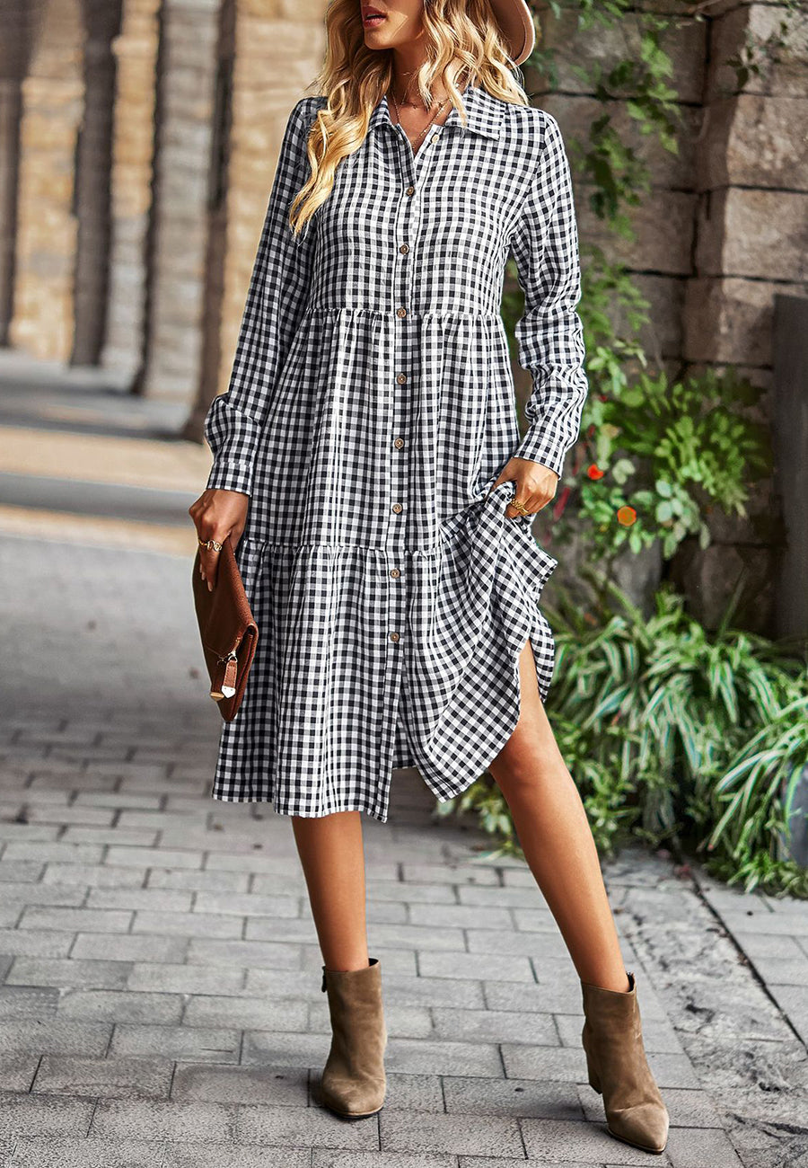 Gingham Long Sleeve Button Down Midi Dress