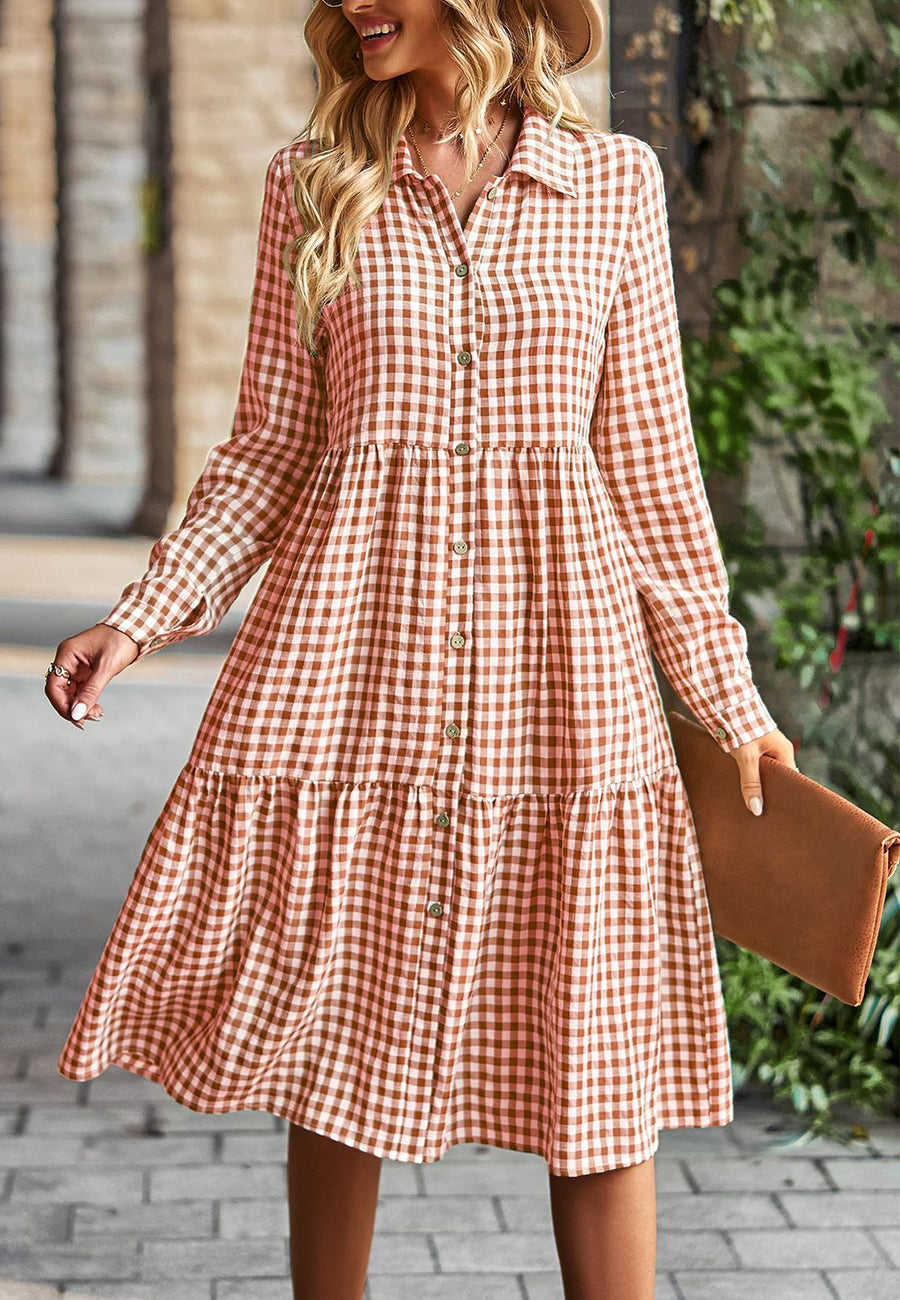 Gingham Long Sleeve Button Down Midi Dress