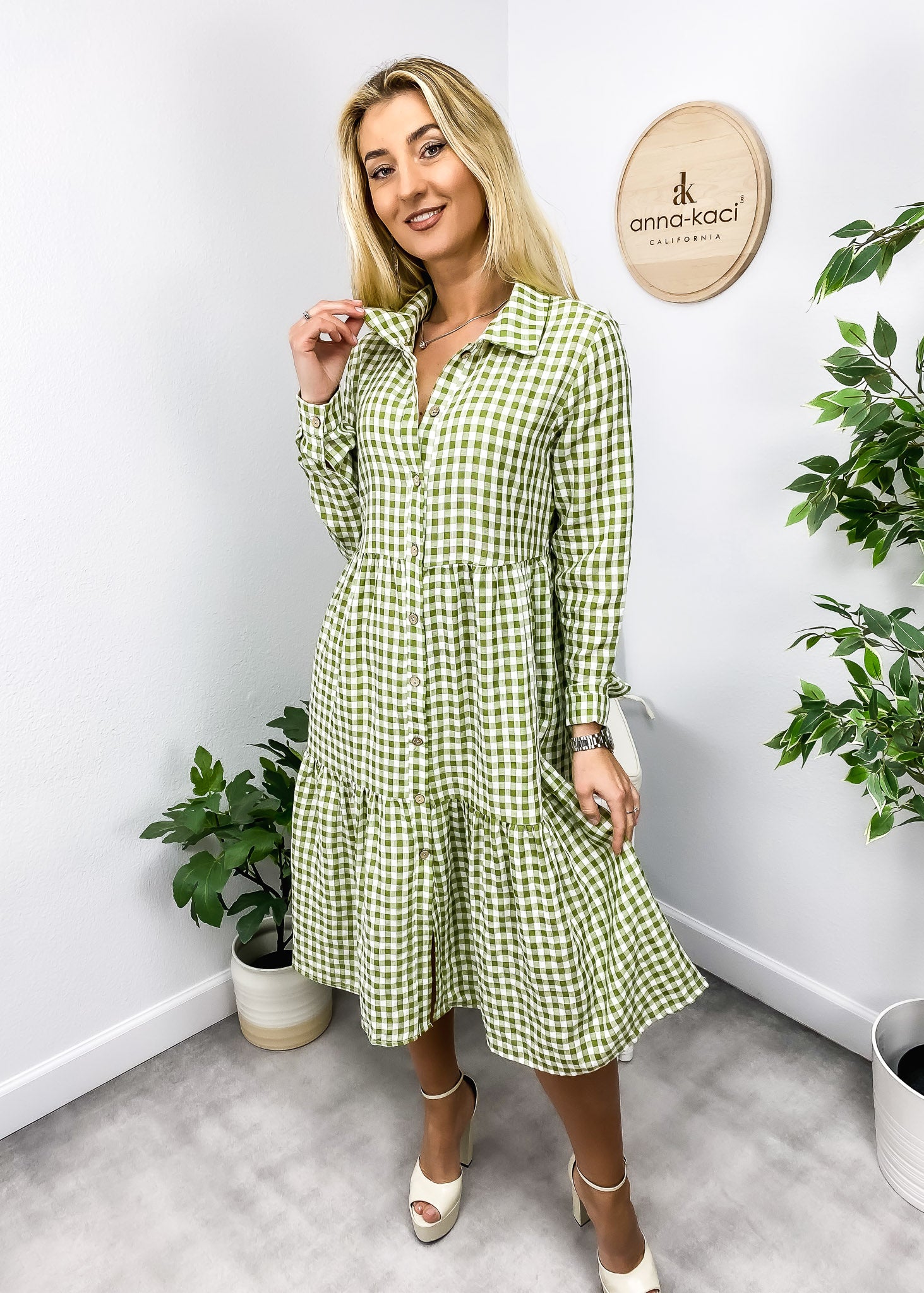 Gingham Long Sleeve Button Down Midi Dress