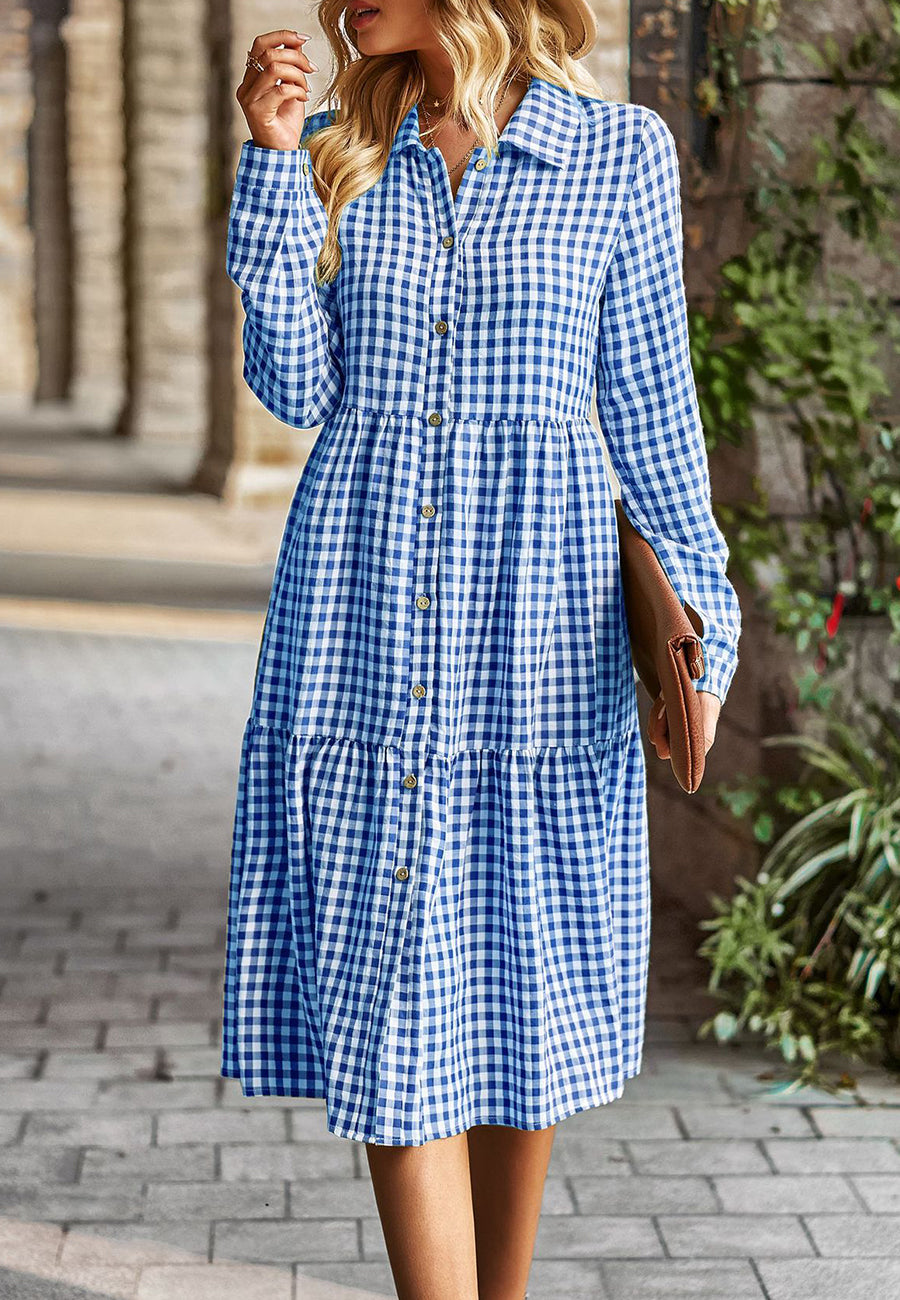 Gingham Long Sleeve Button Down Midi Dress