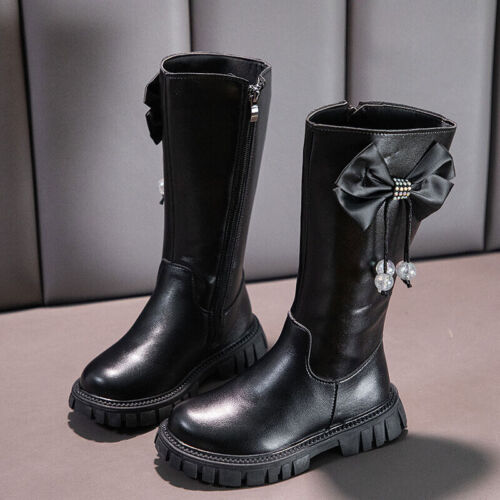 KIDS GIRLS WINTER WARM FUR BOW BOOTS OVER THE KNEE FLAT BOOTIE SCHOOL SHOES SIZE - Picture 13 of 17
