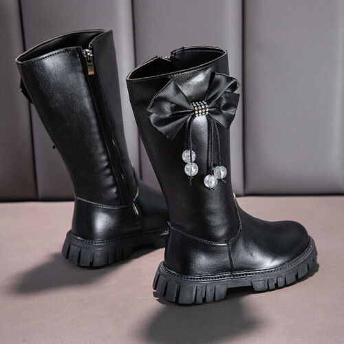 KIDS GIRLS WINTER WARM FUR BOW BOOTS OVER THE KNEE FLAT BOOTIE SCHOOL SHOES SIZE - Picture 14 of 17