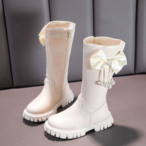 KIDS GIRLS WINTER WARM FUR BOW BOOTS OVER THE KNEE FLAT BOOTIE SCHOOL SHOES SIZE - Picture 15 of 17