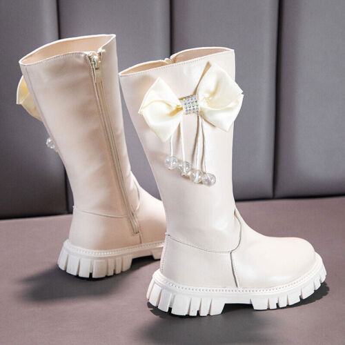 KIDS GIRLS WINTER WARM FUR BOW BOOTS OVER THE KNEE FLAT BOOTIE SCHOOL SHOES SIZE - Picture 16 of 17