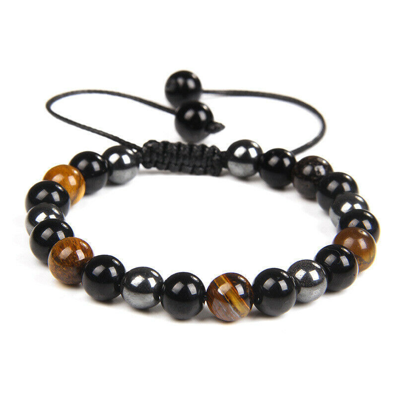 Triple Protection Black Obsidian Hematite Tiger Eye Bracelet Bead Healing Bangle