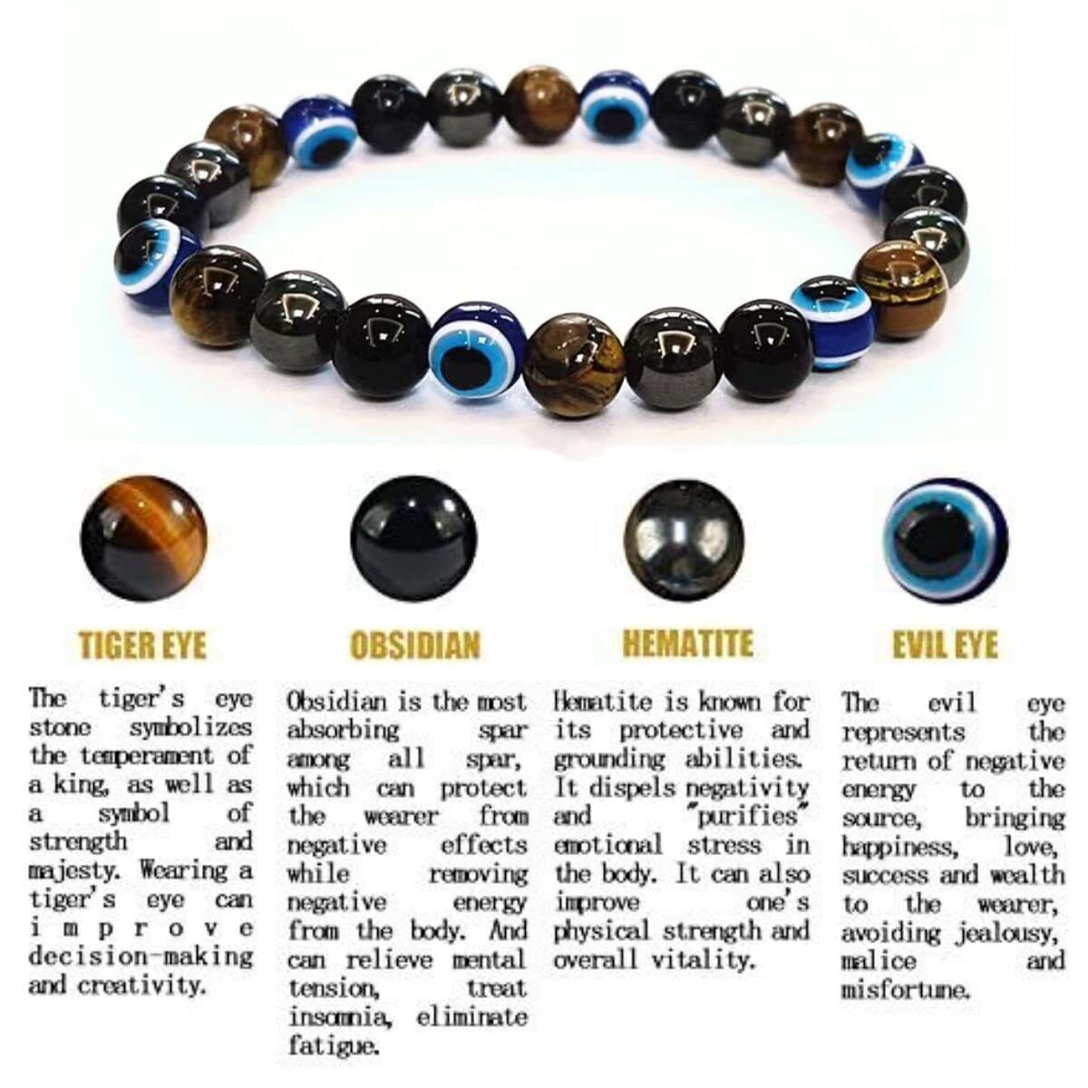 Triple Protection Black Obsidian Hematite Tiger Eye Bracelet Bead Healing Bangle