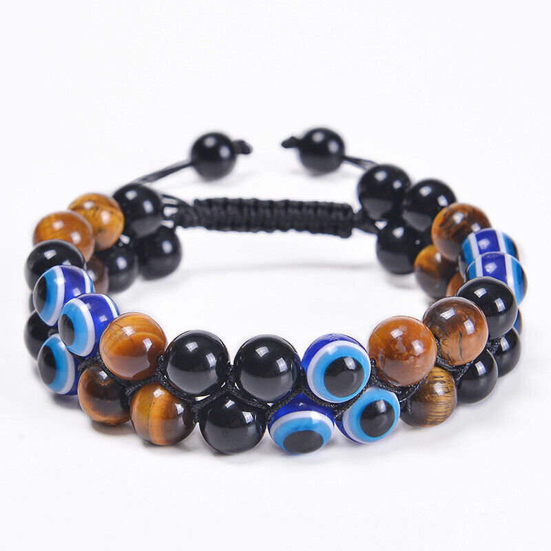 Triple Protection Black Obsidian Hematite Tiger Eye Bracelet Bead Healing Bangle