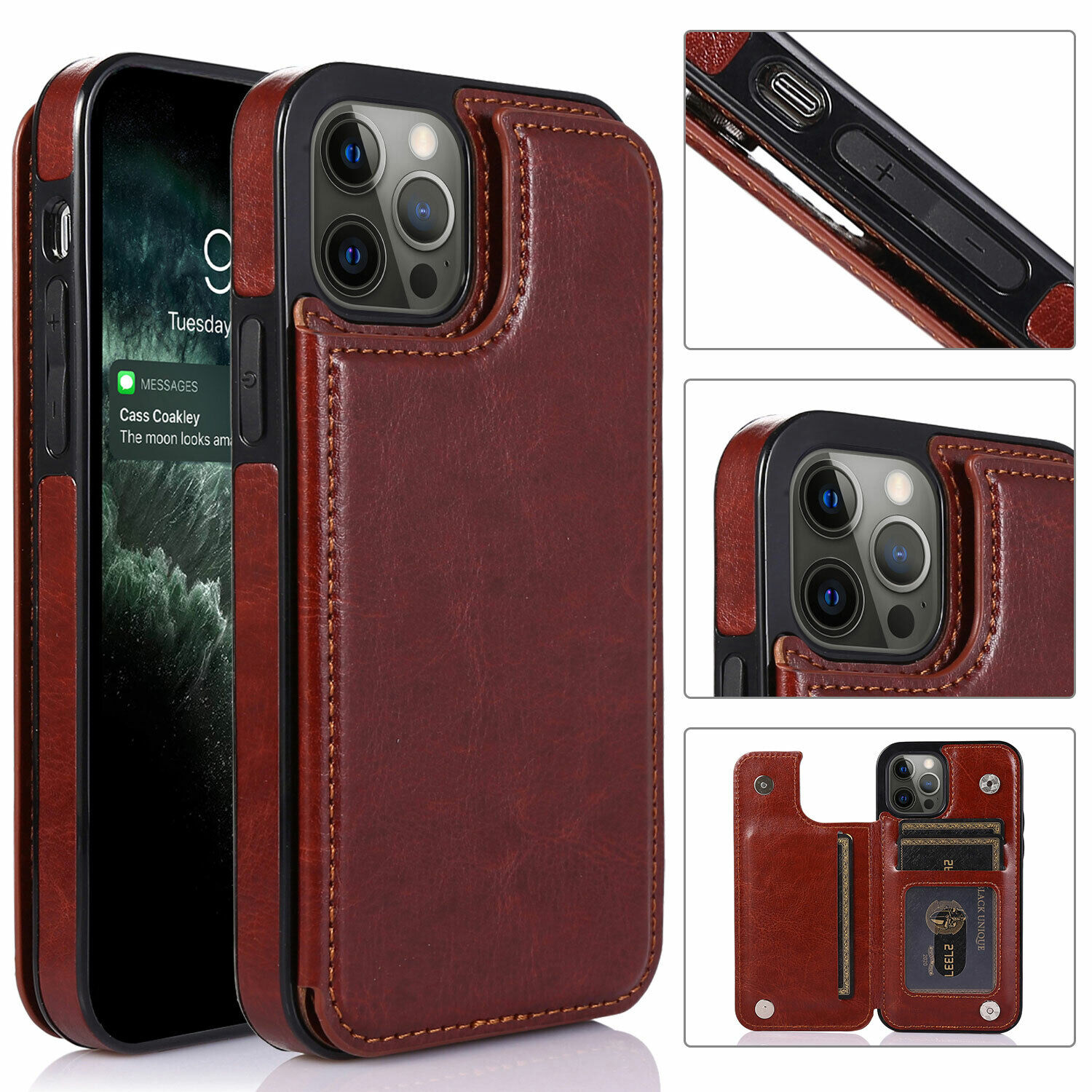 For iPhone 15 Pro 14 Plus 13 Mini 12 11 Leather Card Holder Wallet Phone Case