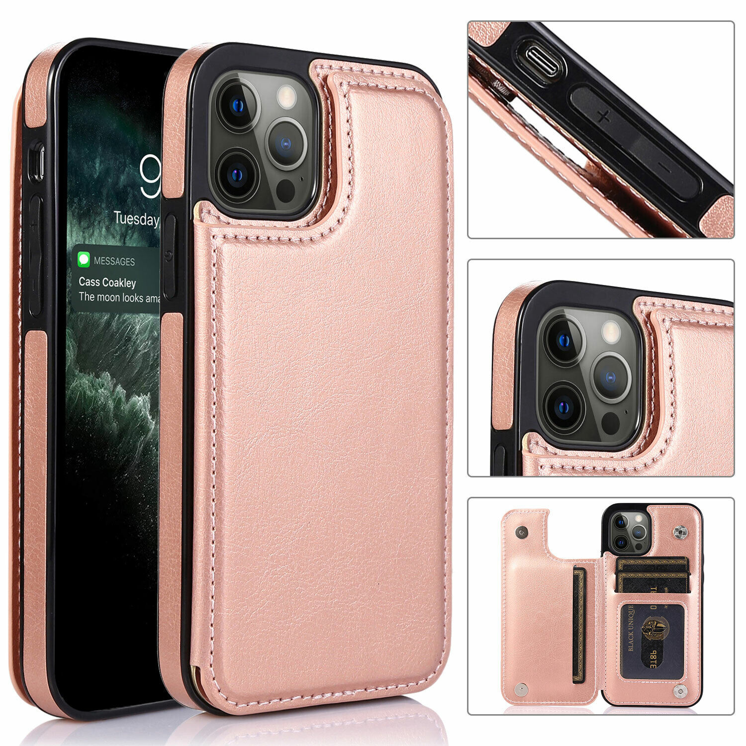 For iPhone 15 Pro 14 Plus 13 Mini 12 11 Leather Card Holder Wallet Phone Case