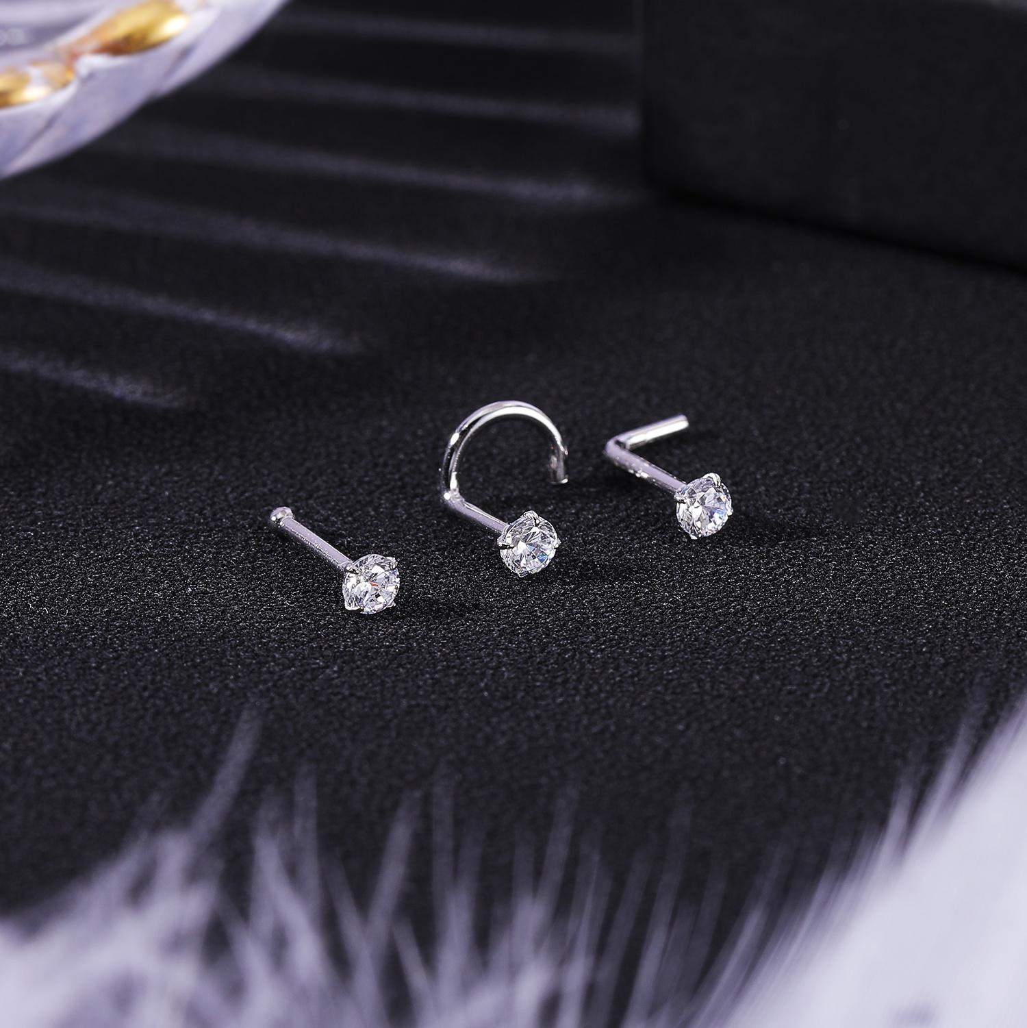 8 Pcs 925 Sterling Silver Nose Stud Set CZ I/L/S-Shape Nostril Piercing Jewelry