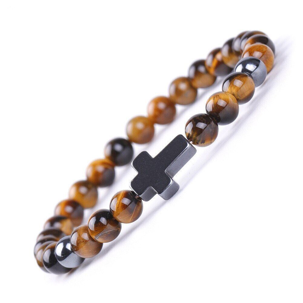 Natural Tiger Eye Lava Rock Gemstone 6MM Beaded Cross Bracelets for Men Women