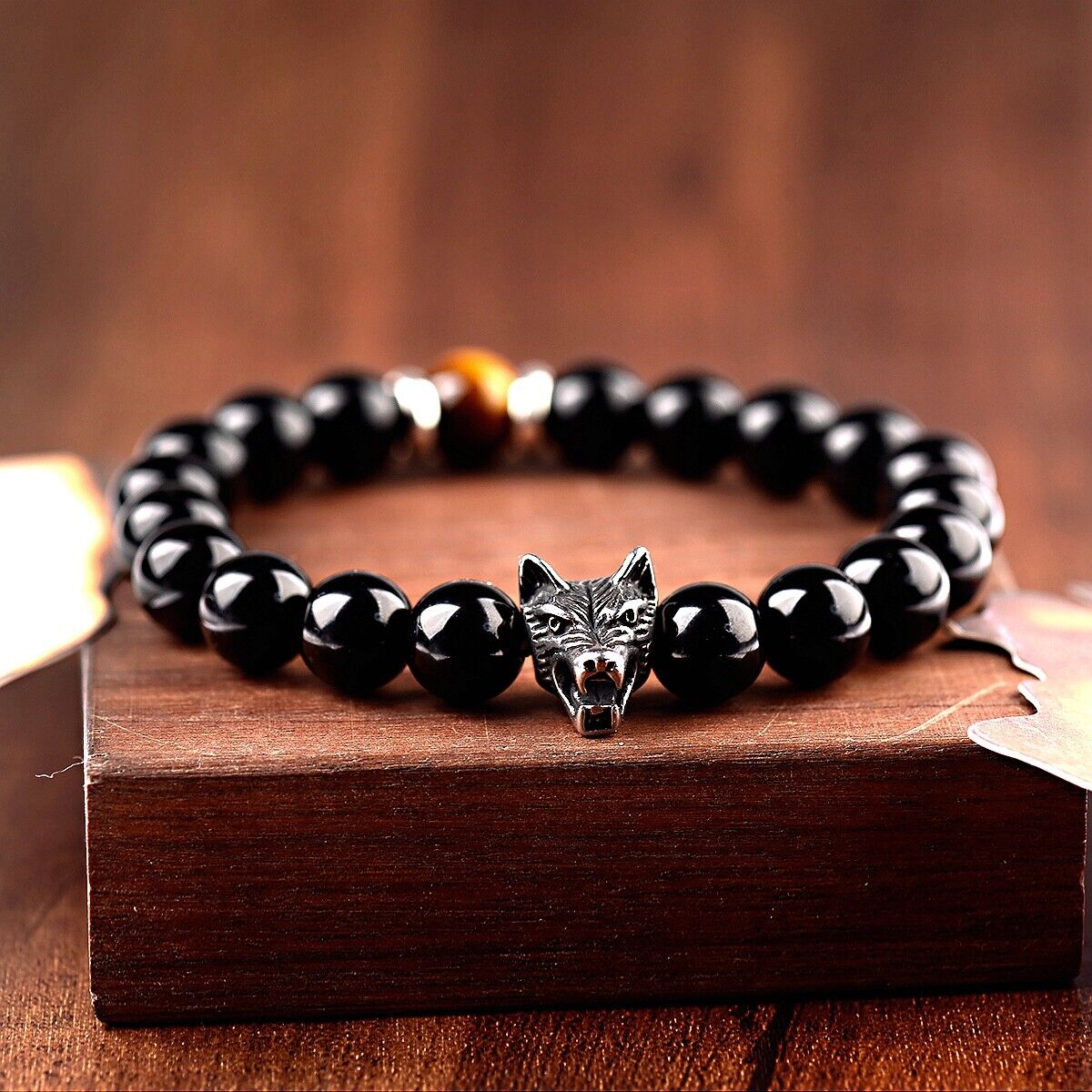 Punk Gothic Wolf Bracelet Natural Black Obsidian Mapstone Buddha Bracelets Gift