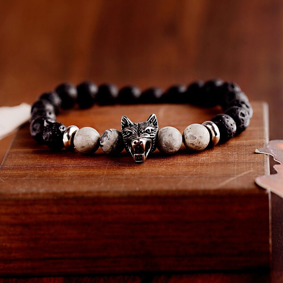 Punk Gothic Wolf Bracelet Natural Black Obsidian Mapstone Buddha Bracelets Gift