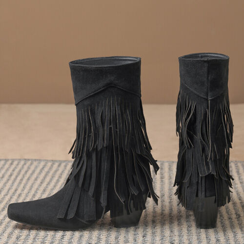 Retro Western Suede Fringed Boots Womens Chunky Heel Pull On Triple Tassel Boots