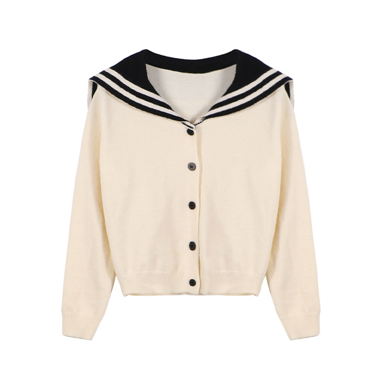 Womens Mixed Colors Sailor Collar Long Sleeves Knitted Cardigan School  Sweater