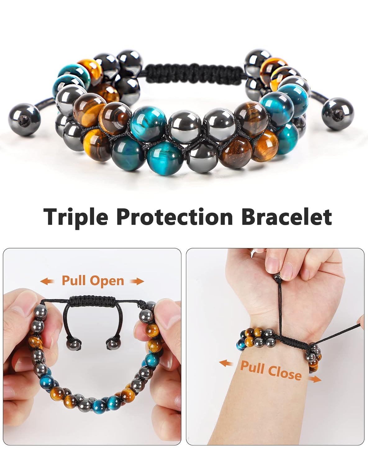 Triple Protection Bracelet Blue Tiger Eye Black Obsidian Hematite Men Bracelet