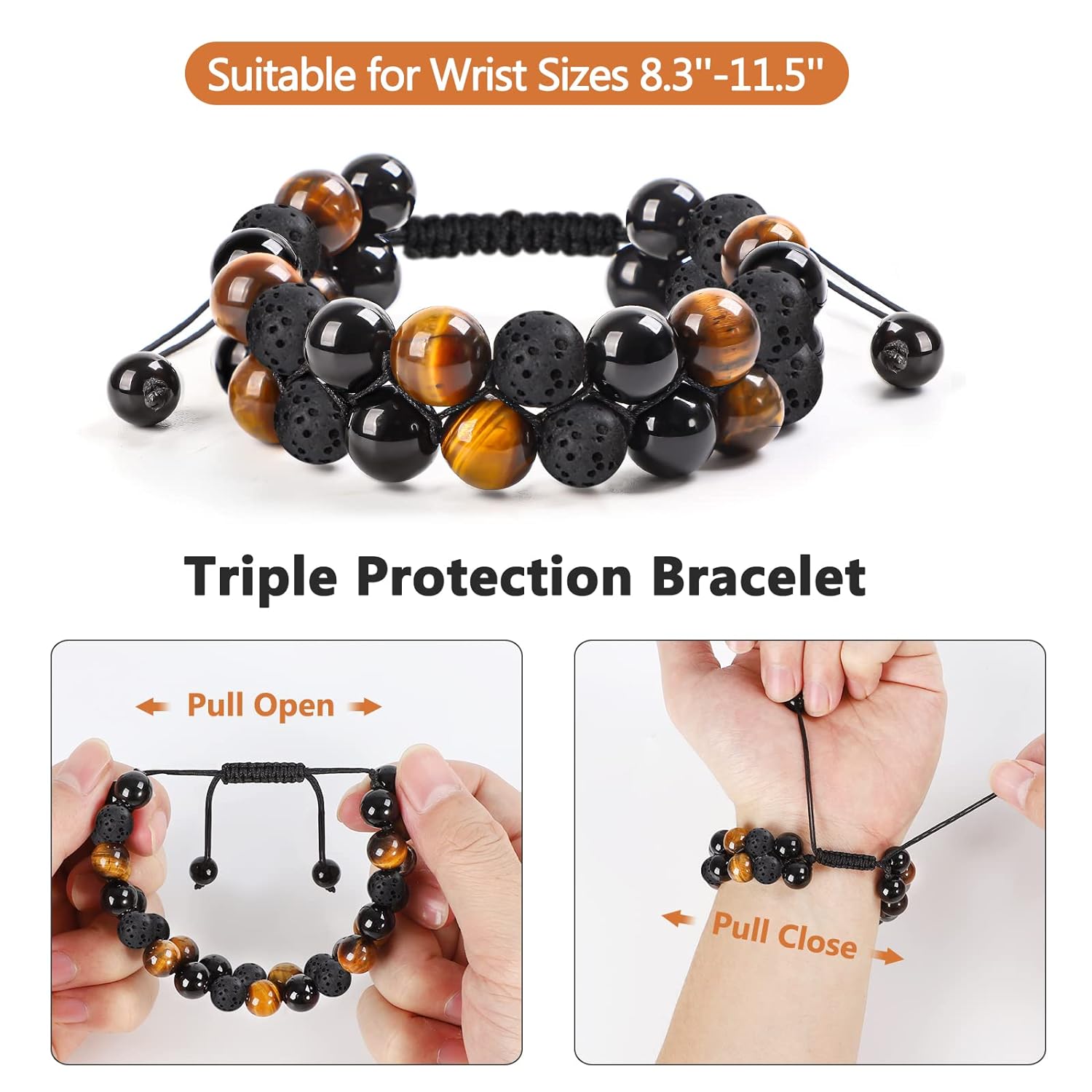 Triple Protection Bracelet Blue Tiger Eye Black Obsidian Hematite Men Bracelet