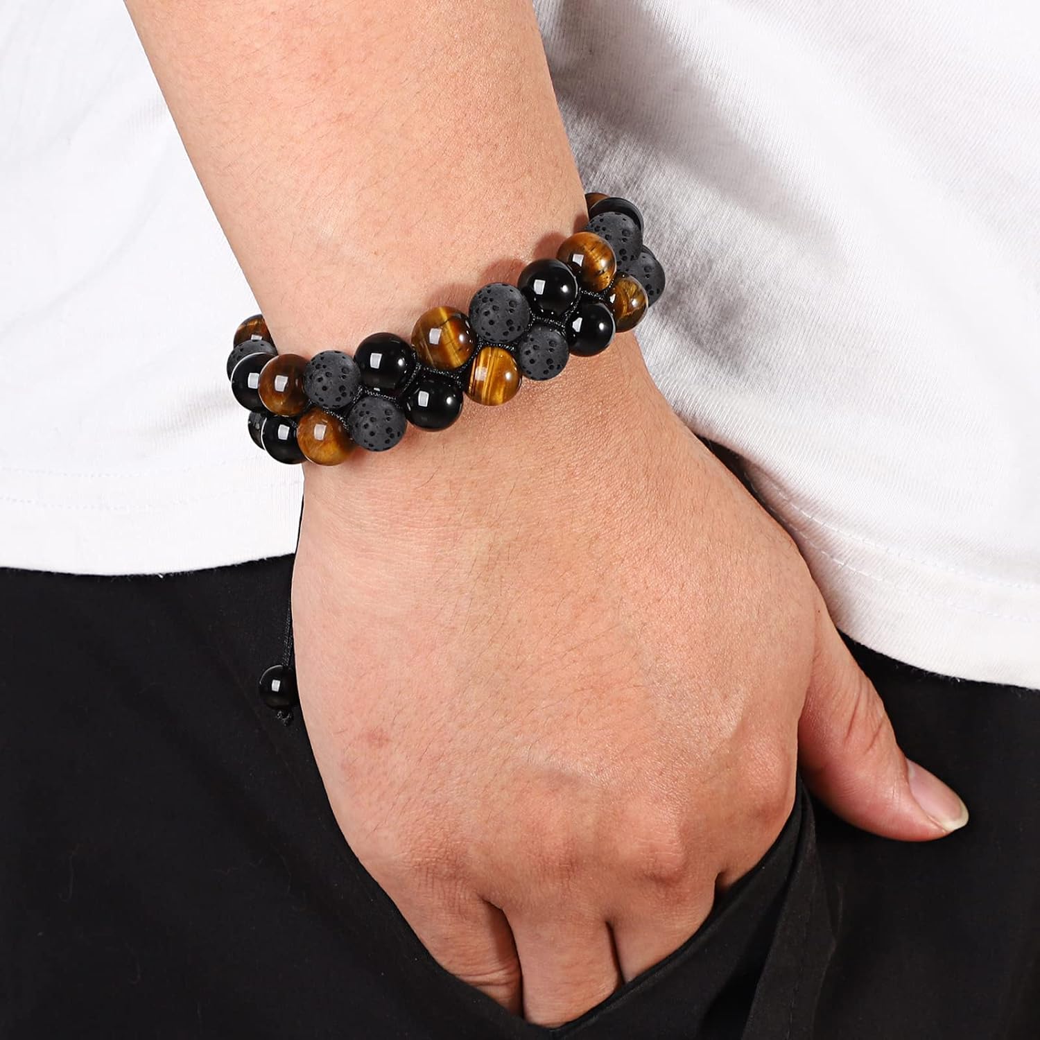 Triple Protection Bracelet Blue Tiger Eye Black Obsidian Hematite Men Bracelet