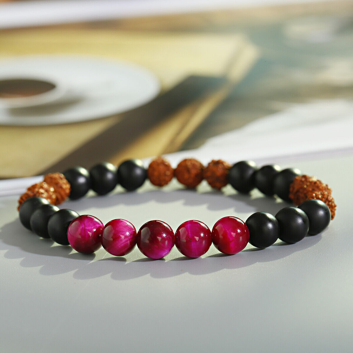 4 Colors Tigers Eye Bracelets Natural Rudraksha Beads Reiki Energy Jewelry Gift