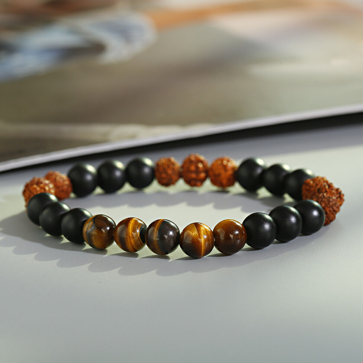 4 Colors Tigers Eye Bracelets Natural Rudraksha Beads Reiki Energy Jewelry Gift