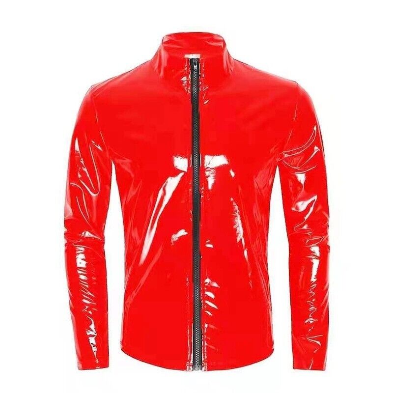 PVC Men Faux Patent Leather Coat Jacket Top Slim Shiny Wet Look